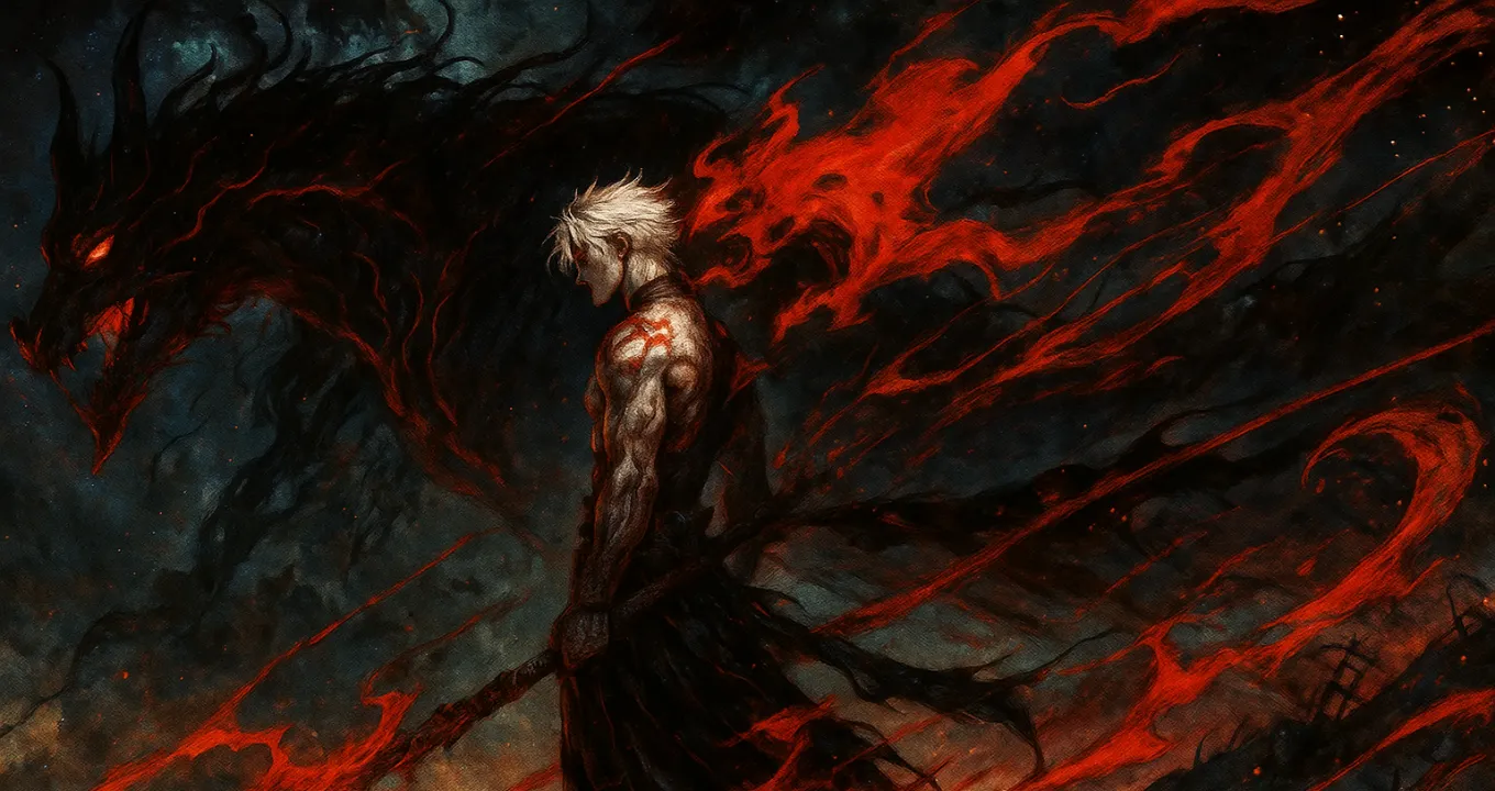 A white-haired warrior with a fiery scythe; Image generated with ChatGPT;