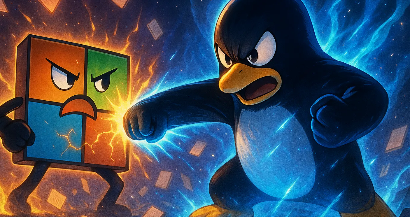 Linux fighting against Windows; Image generated with ChatGPT